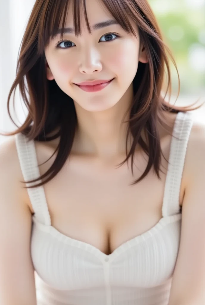 ((8k:1.27)、highest quality、masterpiece、超A high resolution:1.2)Photo Beautiful Japanese Women(Comfortable:1.1) (White shirt:1.21) Designed by Greg Rutkowski and Alphonse Mucha Exquisite Elegance、Fantasy、detailed、geometry、Gradient lighting、One Girl、Delicate skin、Looking at the audience、Brown eyes、(Short hair with bangs:1.2)、(Medium Chest:1.0)、(middle breast wheel:0.8)、(Realistic:1.4)、(highest quality:1.0)、(超A high resolution:1.0)、8k、Raw photo、(masterpiece:0.2)、(Purelos Face_v1:0.5)、 White clothes cinema、Sitting in a seat、smile、Unbutton、bra