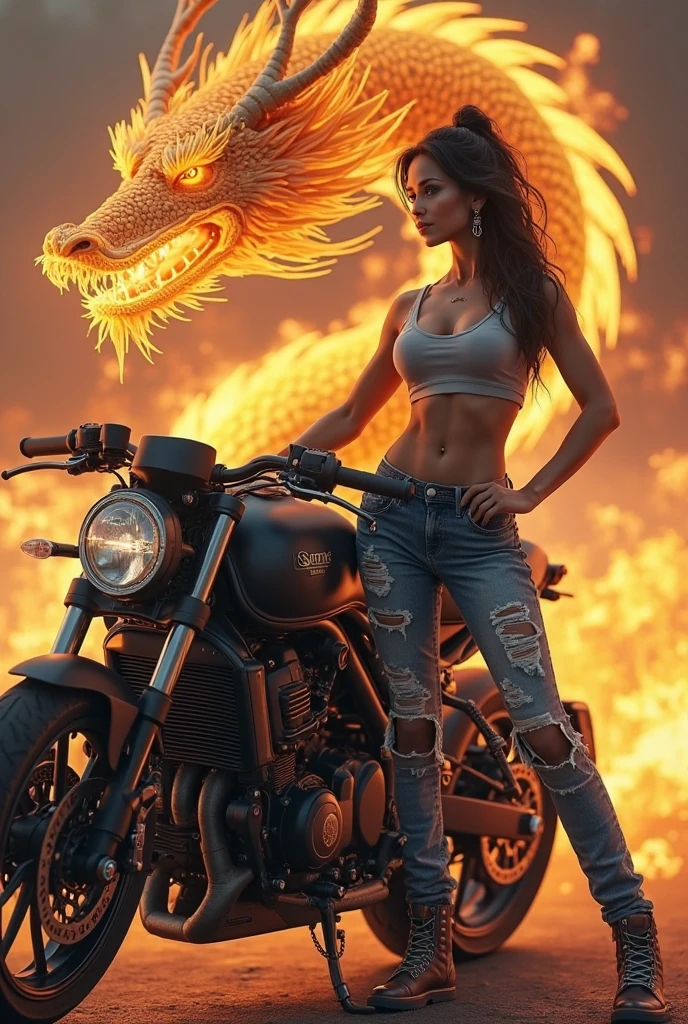 (best quality,4k,highres,masterpiece:1.2),ultra-detailed,(realistic,photorealistic,photo-realistic:1.37),tank top, ripped low-waisted jeans,woman,good figure,sexy,standing,motorbike,golden Chinese dragon,breathing fire,background