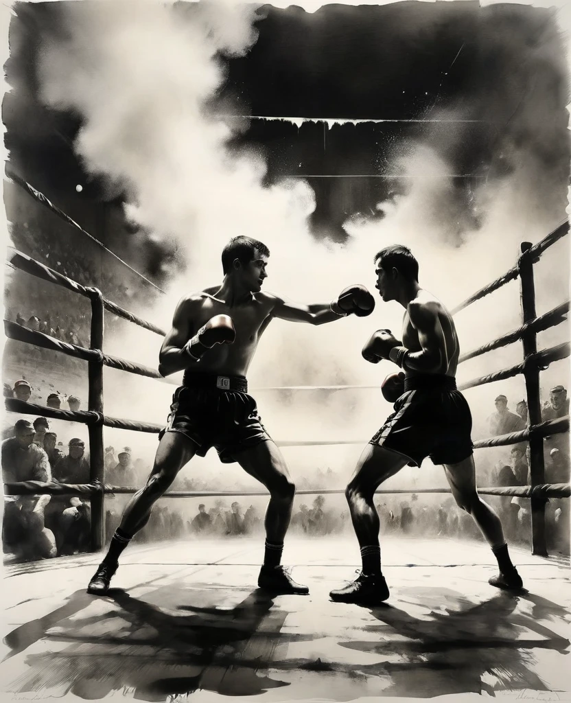 masterpiece, best quality, source anime, official art, 8k, ultra-detailed,very aesthetic, absurdres, perfect anatomy, perfect face, cinematic lighting, close up,multiple boys,2boys,head gear,boxing,ring,stadium,grove,hand