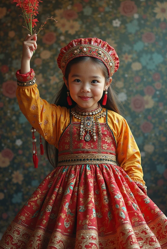 super cute 20yo girl, wearing ancient costume, lifelike embroidery, light bean green and light yellow, half-length portrait, fashion geometric surrealism