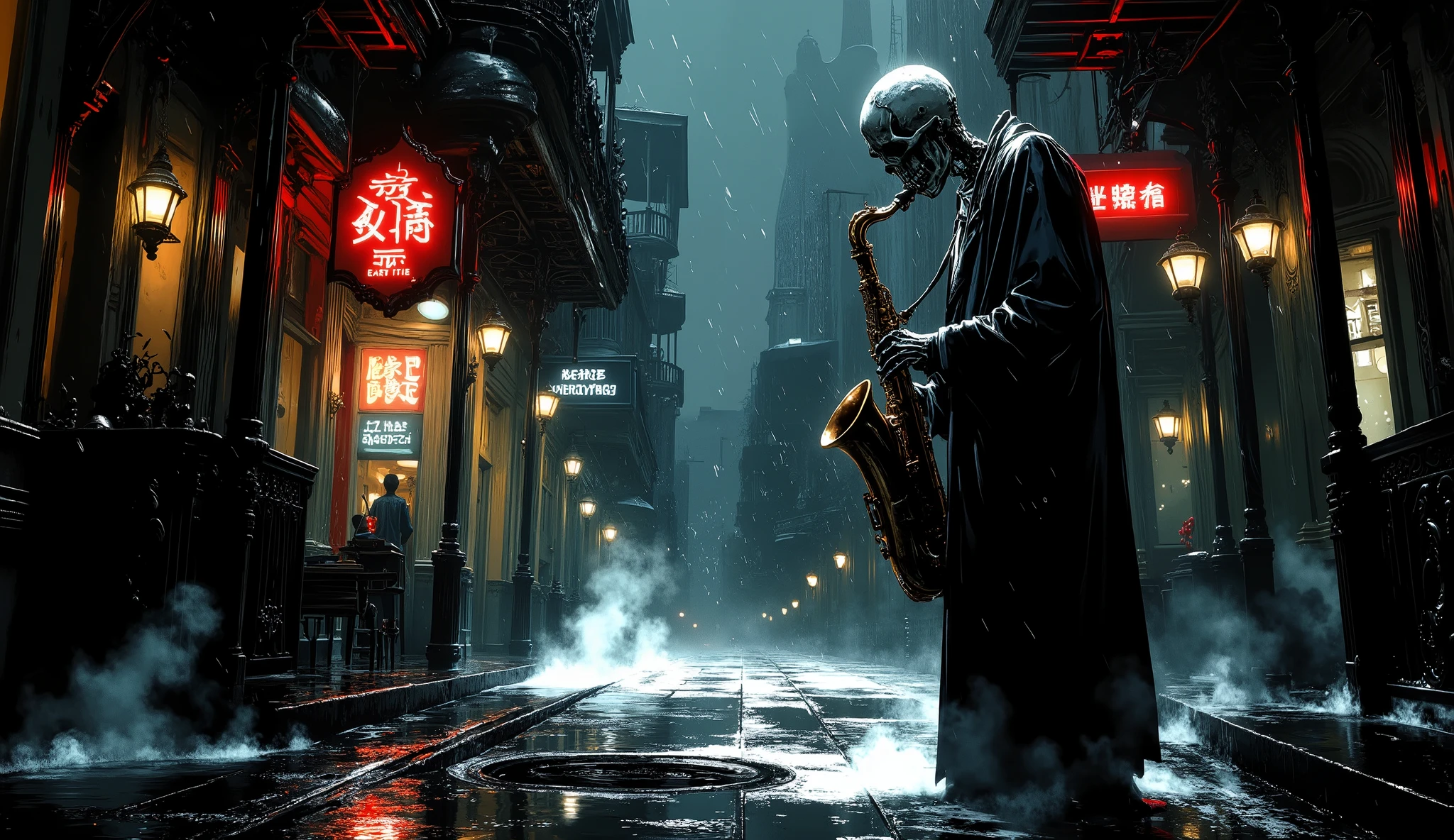 Lone skeleton jazz saxophonist, rain-drenched street corner in New Orleans French Quarter, playing saxophone soulfully, night scene 1940s, steam rising from manholes, wet cobblestone streets reflecting neon signs, historic ornate buildings, dramatic low-key lighting, rain droplets catching light, cigarette smoke curling, moody neon glow, noir-style illustration, cinematic composition, Edward Hopper inspiration, muted blues and blacks with splashes of neon reds and yellows, deep contrast, atmospheric perspective, melancholic mood, detailed rain effects, glistening wet surfaces, emotional scene, intricate details, sharp focus, volumetric lighting, 8K resolution, photorealistic rendering, high dynamic range, masterpiece, award-winning illustration, dramatic shadows, urban decay, nostalgic feeling, artistic photography style, hyper-detailed, professional color grading, crisp details