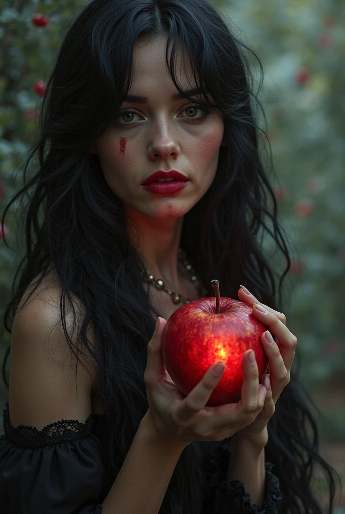 Close-up of an extremely beautiful girl, with a divine face, cradling a blood-red, dripping, mossy and refreshing apple, floating in a dark, misty forest. The girl is surrounded by twisted tree roots, her eyes shining, holy, smiling. Cinematic light, high detail, 8k, artstation, conceptual art, dark fantasy. Photo taken with Canon EOS R5 85mm f/11 Camera, ((sharp)) mode of people and surrounding scenery. Image quality ((8K)), ((lifelike)), ((masterpiece)), ((sharp and highest contrast)), ((great depth of field)), ((light stereolithography)). ((The photo depicts the girl eating the divine apple and becoming an extremely beautiful goddess who rules the forest))
