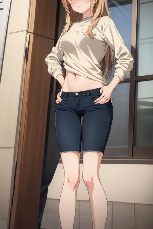 Best Quality, masterpiece, ((Solo, 1girl)), Komi shouko, fine detailed shiny eyes, medium chest, high resolution, best lighting, extremely detailed illustrations, blush, embarrassed, smile, open mouth, crotch seam, cameltoe, day, very NSFW, no bra, wet shirt, very hot, extremely aroused, tight jeans, panty strings visible, thong strings visible,