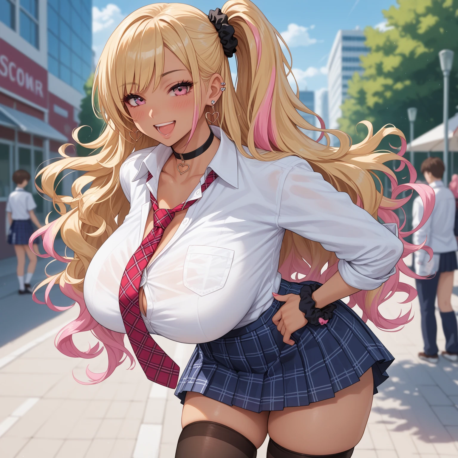 masterpiece, best quality, highres, hs1, light purple eyes, huge butt, wide hips, thick thighs upskirt, long sleeves, cleavage, long blonde hair, pink cardigan, black thighhighs, plaid skirt, red ribbon, garter straps, , outdoors, cowboy shot, standing, smile, panty peek, floral print pink panties, looking at viewer, thick thighs, jirai kei, ear piercings, street view, sakura