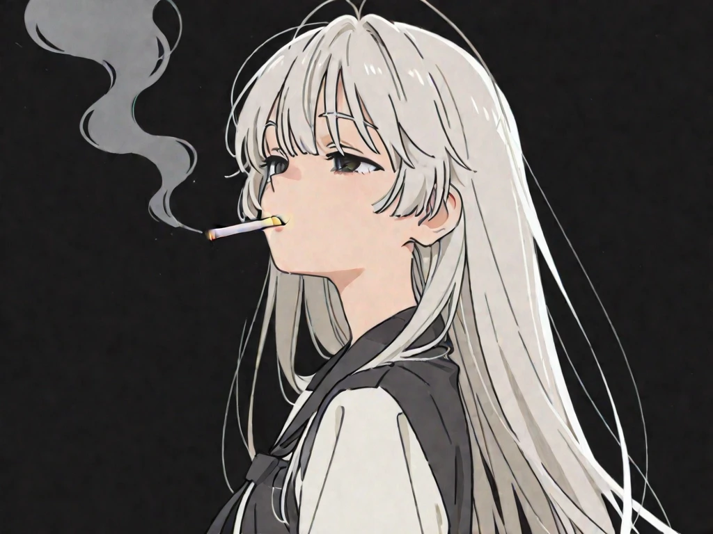 score_9, anime_coloring, line art, rough sketch, sketch, limited palette, 1girl, fallen angel, white angel, angel girl, white cloak, thighhighs, pale skin, medium long hair, hair over eyes, half closed eyes, bugs under eyes, angel wings, white longhair, standing, cigarette in mouth, mouth hold, spit out smoke, black smoke, leaning back, medium breast, listless, middle finger, downer, inner thighs, looking away, head tilt, solo, simple background, white background, close up, upper body, from side