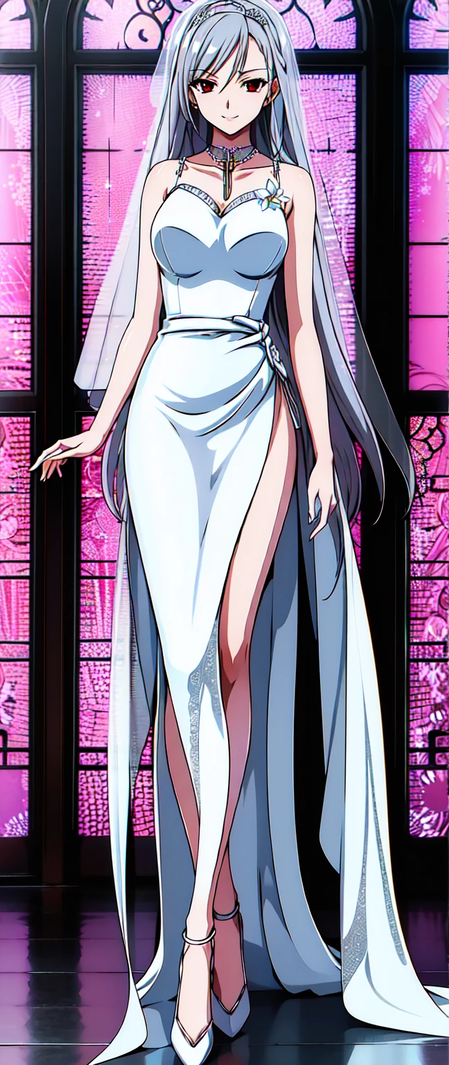 Rinoa, face of Rinoa Heartilly, eyeliner, very slim, sexy nostalgic expression,
(wearing a white wedding dress:1.1),
arm warmers, necklace, sleeveless coat, arm ribbon, boots,
long hair, black hair, upper body, from side, full body, walking,
wind, delicate, colorful, sunlight,
inside the main room of the cathedral
<lora:rinoa-nvwls-v1:1.0>