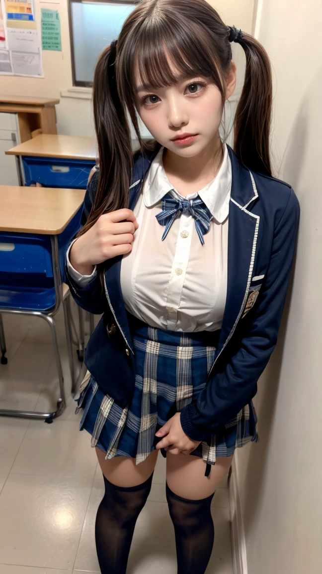 masterpiece, best quality, illustration, Super detailed, fine details, High resolution, 8K,wall paper, perfect dynamic composition,(Details High quality, realistic depiction of eyes:1.3), (2 girls, 2 schoolgirls:1.2), from side, High School Classroom、High school girl uniform、blazer 、Super Short Check Uniform Skirt、Navy blue high socks、garterbelts、Colossal tits、Disturbed uniform,  short bob hair, black hair color, huge breasts, Big Natural Color Lip, bold sexy pose, (perfect body shape), crying a little、 Harajuku style、20 year old girl、 beautiful legs, hposing Gravure Idol, Voluptuous thighs