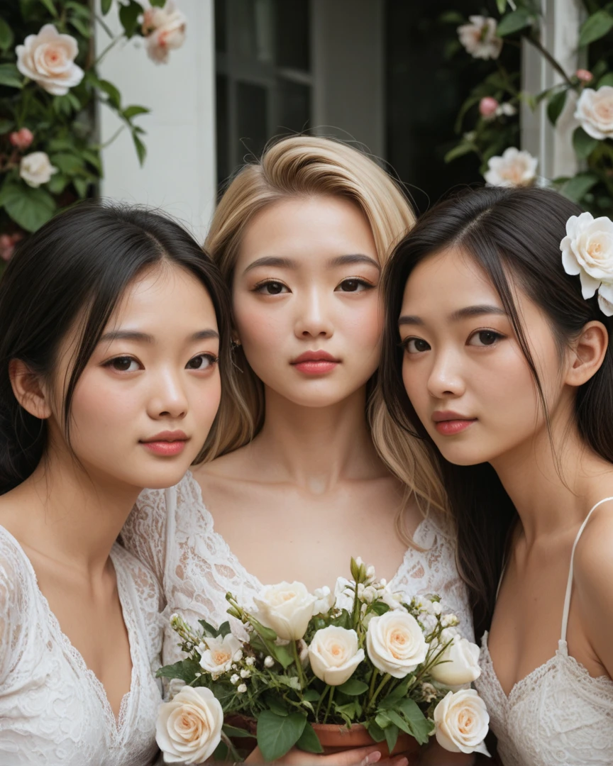 Five beautiful girls, the first one wearing a white lace dress, the second one wearing a black Thai pattern dress, the third one wearing a grey cloud pattern dress, the fourth one wearing a pink swan pattern dress, the fifth one wearing a blue sea pattern dress, standing and posing for a photo, beautifully.