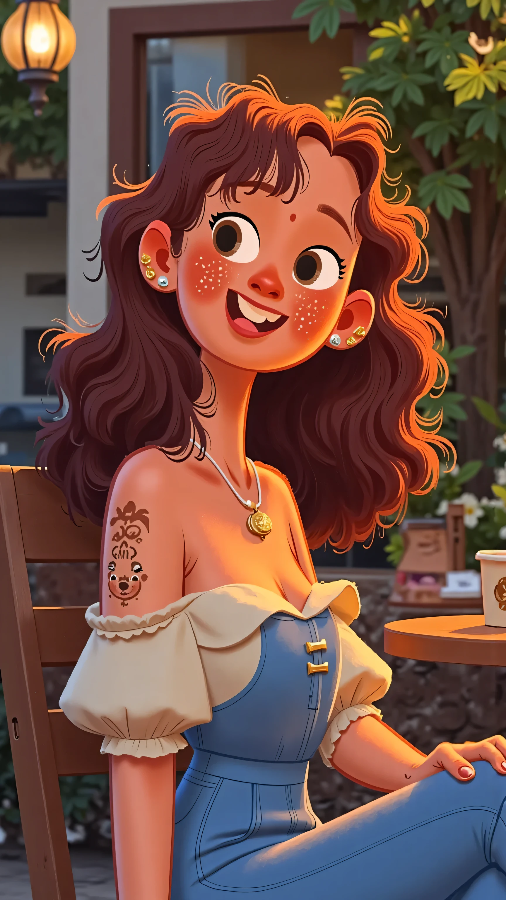Confident blind date:Focus on the heroine,Cafe。Female protagonist(long brown hair,blue dress)with a confident smile,Lean forward,Active questioning;Camera tempo slowing down,First-person perspective, cut {x} Soft speculation and sideways switching,浅景深聚焦Female protagonist,Warm pastel tones,delicate lines,cinematic composition。—POV Subjective,Empowering comparison,Emotional temperature。illustration