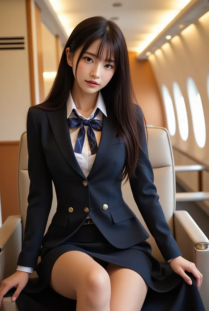 Best Quality, Full Body Portrait, Cinematic Texture Shot, Exquisite Face, Beautiful Face, 20 Year Old Woman, Smiling, Slim Figure, Small Bust, OL Uniform, Office Wear, Black Stockings, Interior Scene, Office, Seated