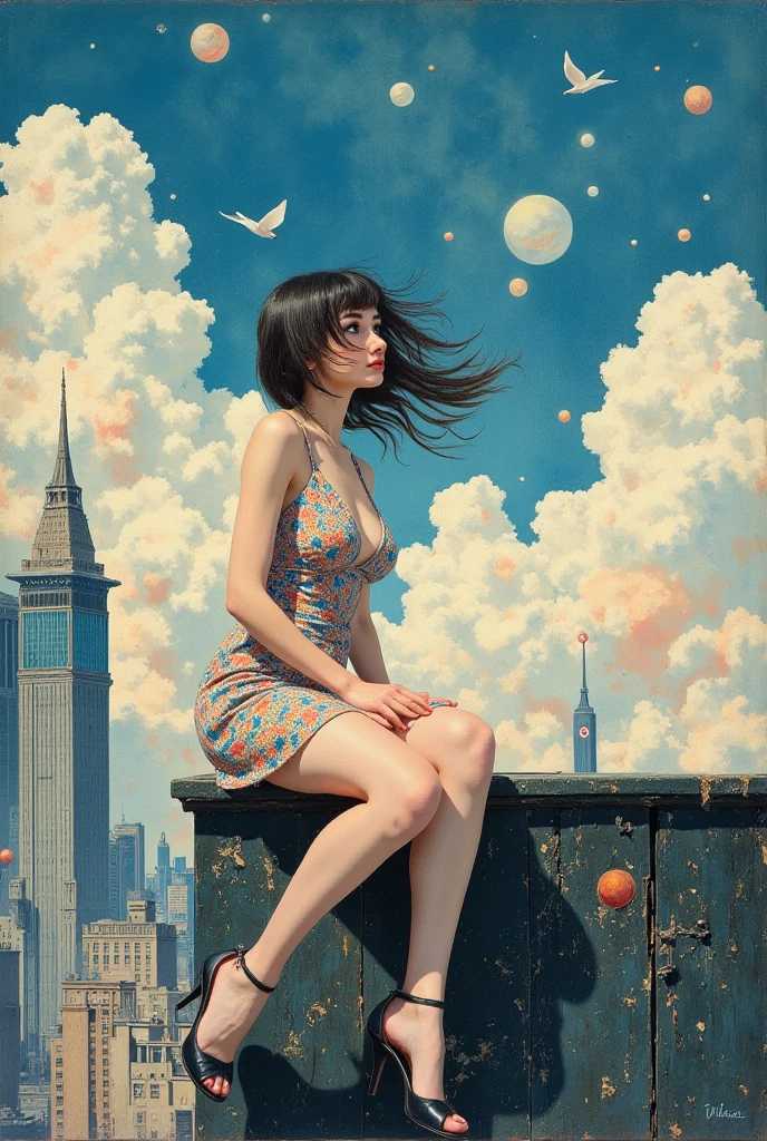 full body shot shot, profile view of a blonde, floating weightlessly, spacial station. She is wearing short shorts, and looking out towards the land. she is melancholic, and is thinking about his family on earth. Art of J..c. Leendecker