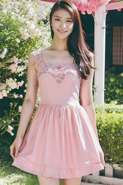 (top quality, 8k, 32k, masterpiece, UHD: 1.2), 1 girl, beautiful woman, thin waist, 24 years old, standing figure, (girly fashion), (pastel colors, ruffled clothes, clothes with ribbons, long skirts with floral patterns, blouse with lace, socks with ruffles, loafer pumps), cinematic light, (smile at whoever you like),