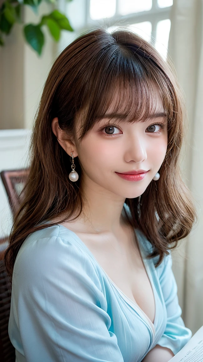 (A hyper-realistic), (illustratio), (hight resolution), (8K), (ighly detailed), (The best illustrations), (Beautiful detailed eyes), (top-quality), (ultra-detailliert), (masterpiece), (wall-paper), (详细的脸), (beautiful smiling face)、(beautiful countenance)、Long、Earrings with bangs、独奏、(((Cute Japan Beautiful Girl)))、 Japan beautiful girl 25 years old))、 ((Baby face))、(((G Cup Big)))agitation、real looking skin、Hair fluttering in the wind、date、Dating Scenes、Date scene、Beautiful clothes、Date Clothes