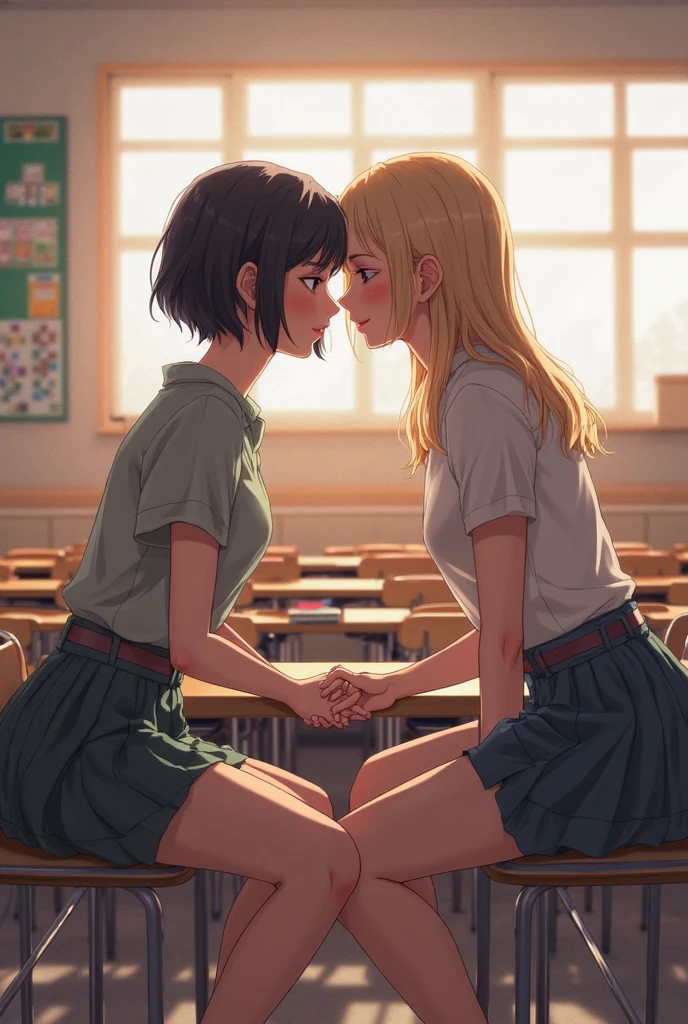 (Best quality, 8K, Masterpiece:1.3, 2 girls, Beautiful girl), cute, Dynamism, Detailed face, Detailed skin, detailed clothes, Detailed eyes, Detailed lips, Detailed tongue, Detailed fingers, Detailed mouth, Photorealistic, Raw photo, highres, hight resolution, Natural lighting, dynamic pose, perfect anatomy, moist lips, sweaty, ecstatic face, school uniforms, white shirt, tie, pleated skirt, half closed eyes, blush, open mouth, tongue out kiss, ahegao, drooling, lesbian, yuri, (2 girls are kissing:1.2), sexy kiss, erotic kiss, lesbian kiss, classroom, blue hair, yellow hair, long hair, grabbing breasts, masturbation, hugging, nsfw, sex, erect nipples