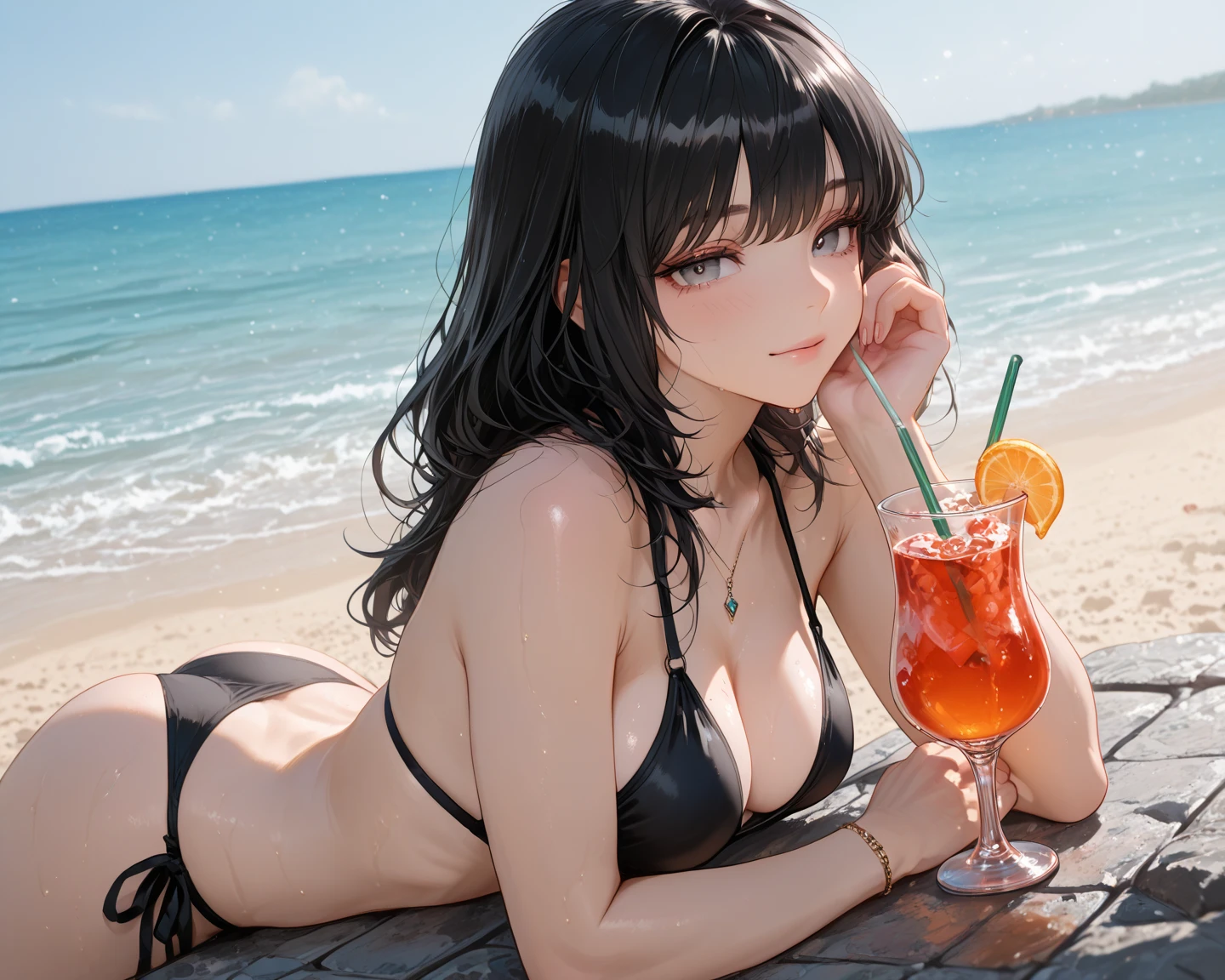 highest quality、cinematic lighting、long brown hair、Black ruffled bikini、beach、sit on a wooden chair、smile、