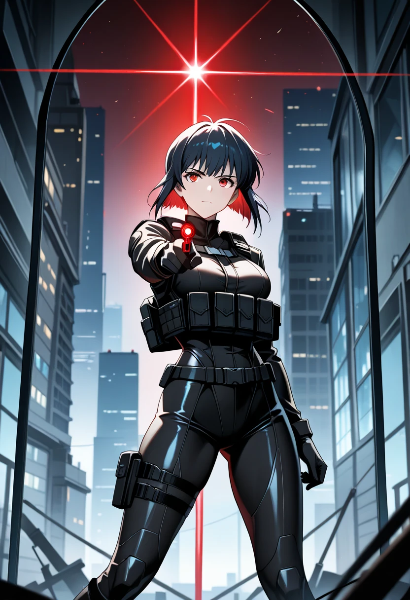 dark art, thick outlines, comics, perfect hands, masterpiece:1.2, ruined city at night, crazy, smiling, 1 girl, deagle guns in hands, blood, bandages around breasts, big breast, detailed background, detailed face, detailed eyes,