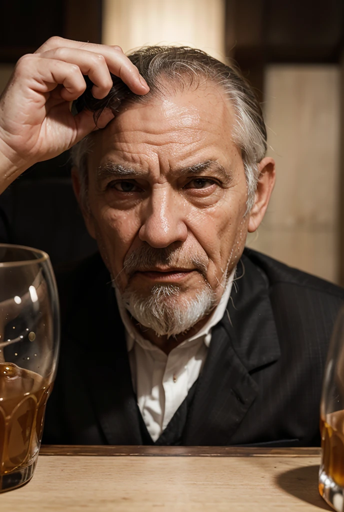 An old man drinking whiskey and shooting a machine gun