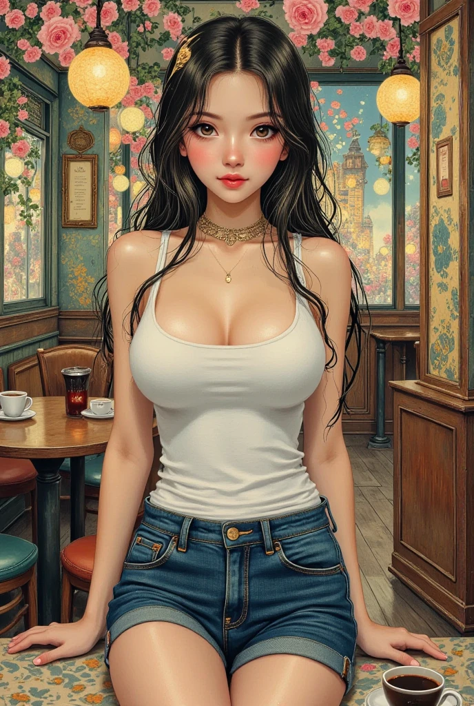 high quality, masterpiece, mouna sucking choclate , sour candy, sweets, sucking lollipops, sprinkles, berries, showing clevage, nipple poke,