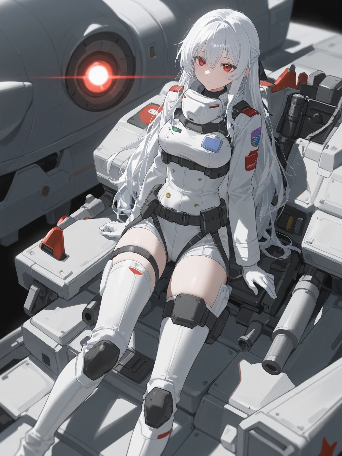 (best quality, masterpiece:1.1) ultra high res , weapon , full body , from below, 1girl , in space ,universe, white long hair