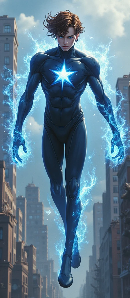 Iceman, or Bobby Drake, is a mutant who can transform into a being made entirely of ice. In his ice form, his skin becomes a smooth, translucent surface, gleaming like crystal. He retains the physique of a young, athletic man, but his presence is cold and otherworldly. His eyes, once blue, turn white and emit a chilling glow. His hair becomes spiky ice, adding to his intimidating look. His facial features remain recognizable but appear as if sculpted from glass. In intense moments, cold vapor surrounds him, and frost trails mark his path.
In a destroyed city, Iceman steps forward, the ground cracking with frost beneath him. As massive Sentinels approach, he raises an ice barrier, blocking their energy blasts. With a wave of his hand, he freezes one Sentinel's legs, trapping it. When another attacks from behind, he disintegrates into mist, reforming on a nearby ice tower. From this vantage, he hurls sharp icicles at his enemies, piercing their armor. The city, once in ruins, becomes a frozen battlefield, with Sentinels encased in icy tombs.