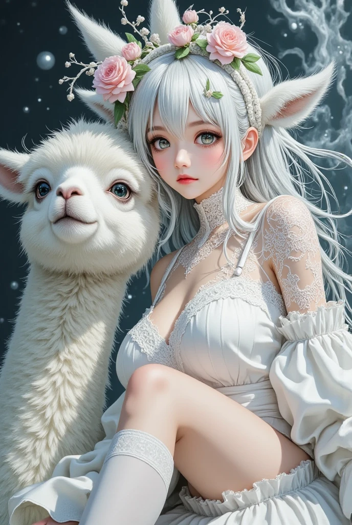 ((masterpiece,best quality)), 1girl, cute white llama, barefoot, knees up, dress, sitting, short sleeves, large breasts, cleavage, looking at viewer, grass, flowers, long hair, smile, white hair, puffy sleeves, outdoors, puffy short sleeves, bangs, on ground, full body, white dress, sunlight, brown eyes, dappled sunlight, day, depth of field