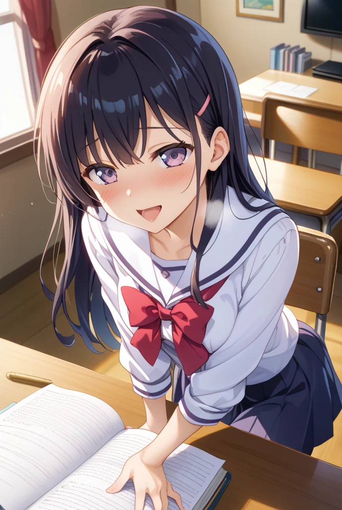 Girl's room Elementary school student, , toddler, flat chest, black hair Straight Long Hair Bangs Bob Purple Eyes smile White short-sleeved sailor uniform top Navy blue mini skirt White panties Girls' Shorts barefoot ((I can see her panties)) Are standing Dynamic angle Low angle