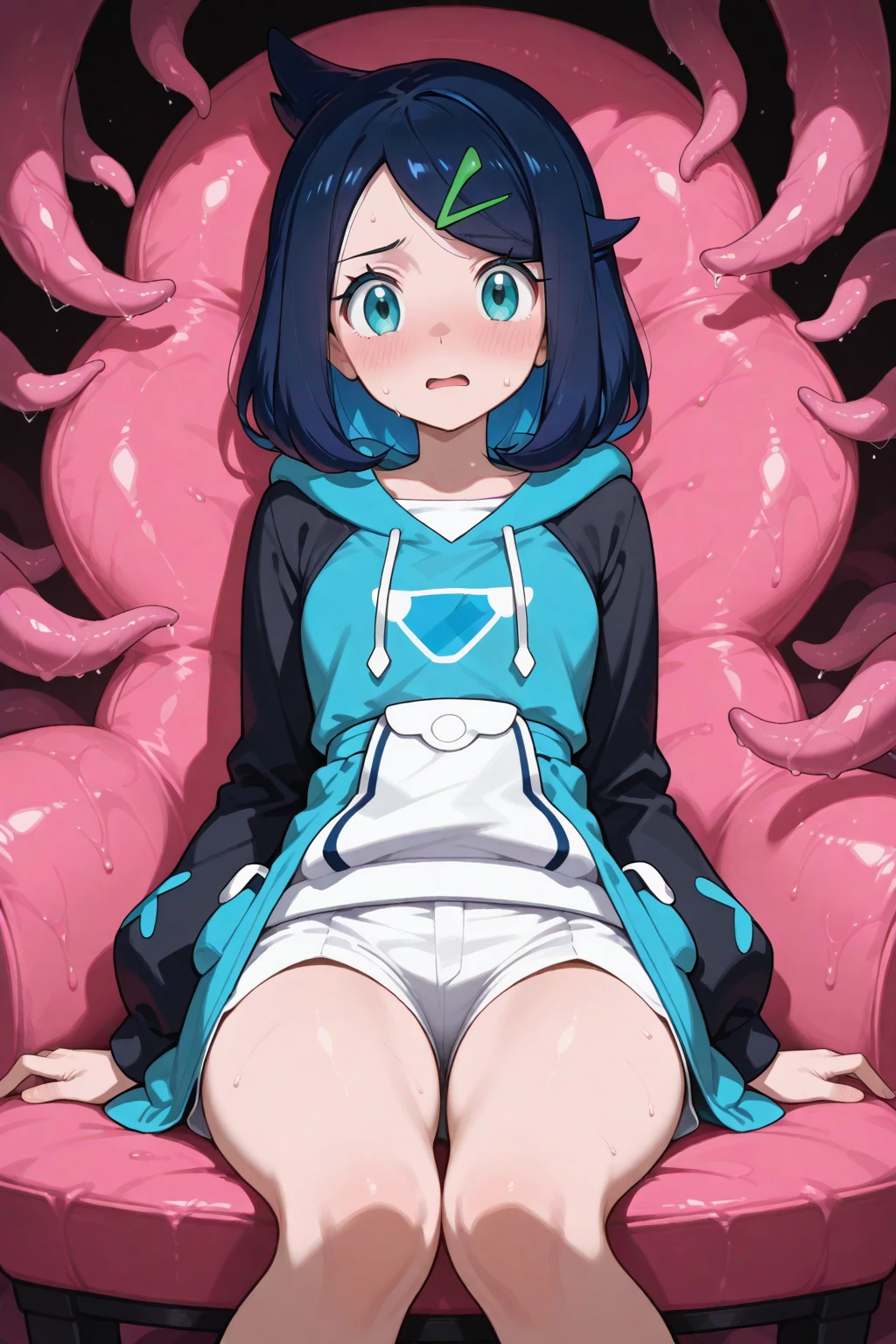 ((NSFW100))、(((full body seen)))、(((Large sagging))), (((Floating Girl)))、(((short dark hair))), (((Indigo eyes)))、((She wears an oversized red hoodie made of bright red slimy tentacles))、(Mucus and slimy skin)、((cheeks flushed、drool dripping from the mouth))、(The legs are made of slimy tentacles)、(The arms are made of slimy tentacles)、(Hanging from a tree with a tentacle tail)、gazing into distance、A tentacle heart grows on your head.、Slimy tentacles are extending from the sleeves of my hoodie..、perch on the tail of a red tentacle、red tentacle tights