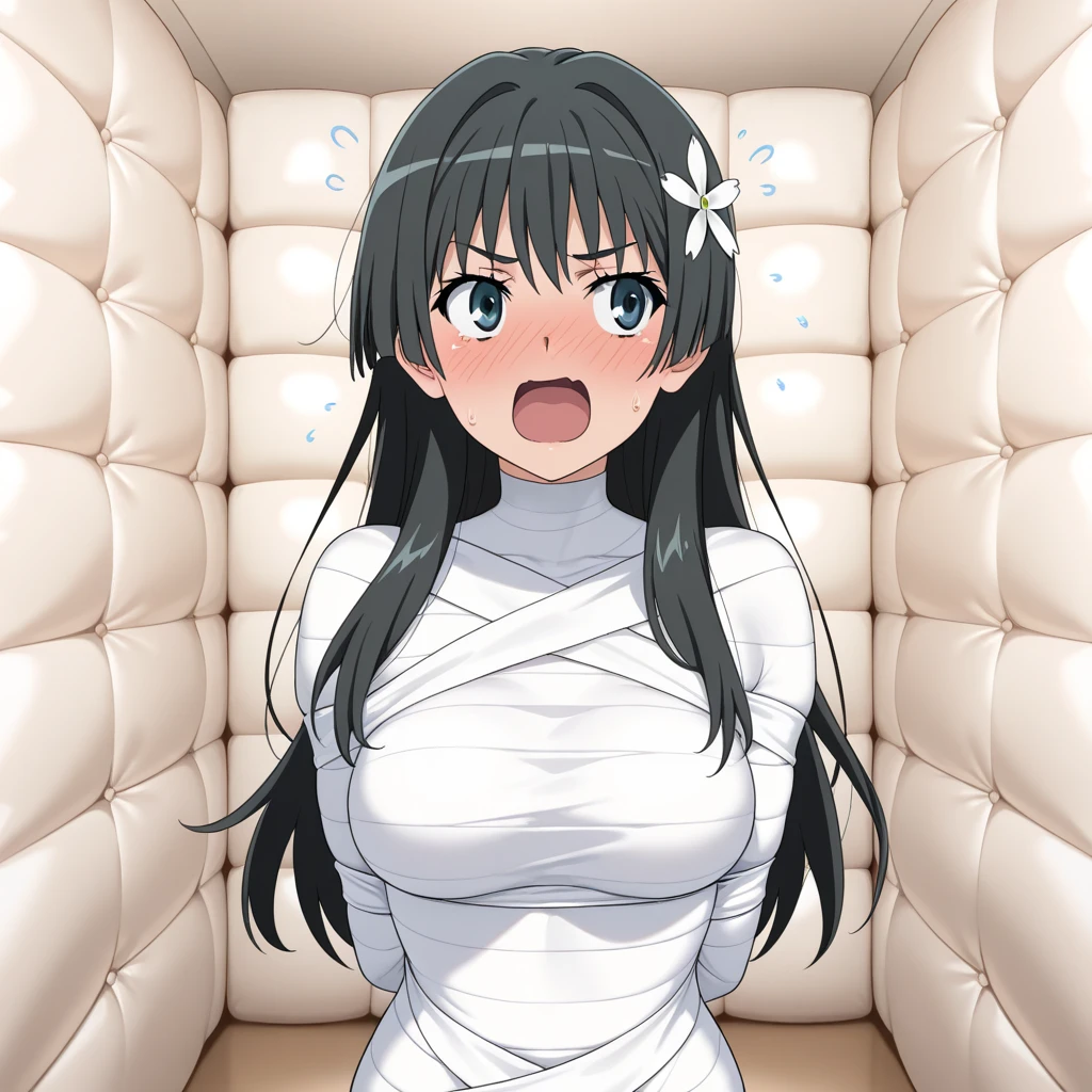 masterpiece, best quality, 1girl, solo, looking at viewer, hinata\(shippuden\), length hair, messy hair,hair covering chest, hair detailed, large breasts , breasts out, (arms behind back:1.4), hanging,spiders in the web,long spider, Hinata, desperate,mouth gagged, silk gagged, struggle, entangled, scared face, crying, tears, despair,cocoon, blushing face,