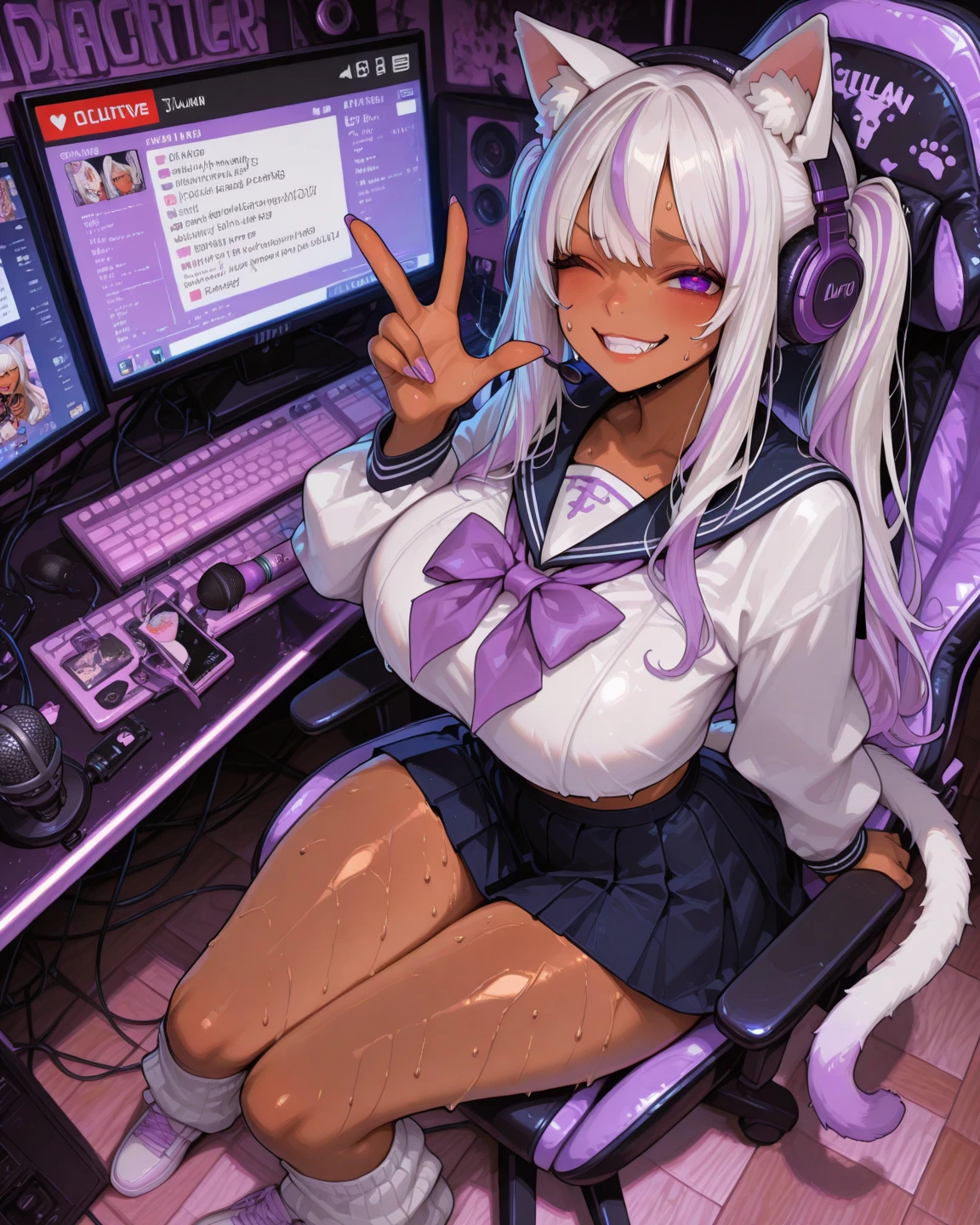 laughing gamer girl playing video games in her room