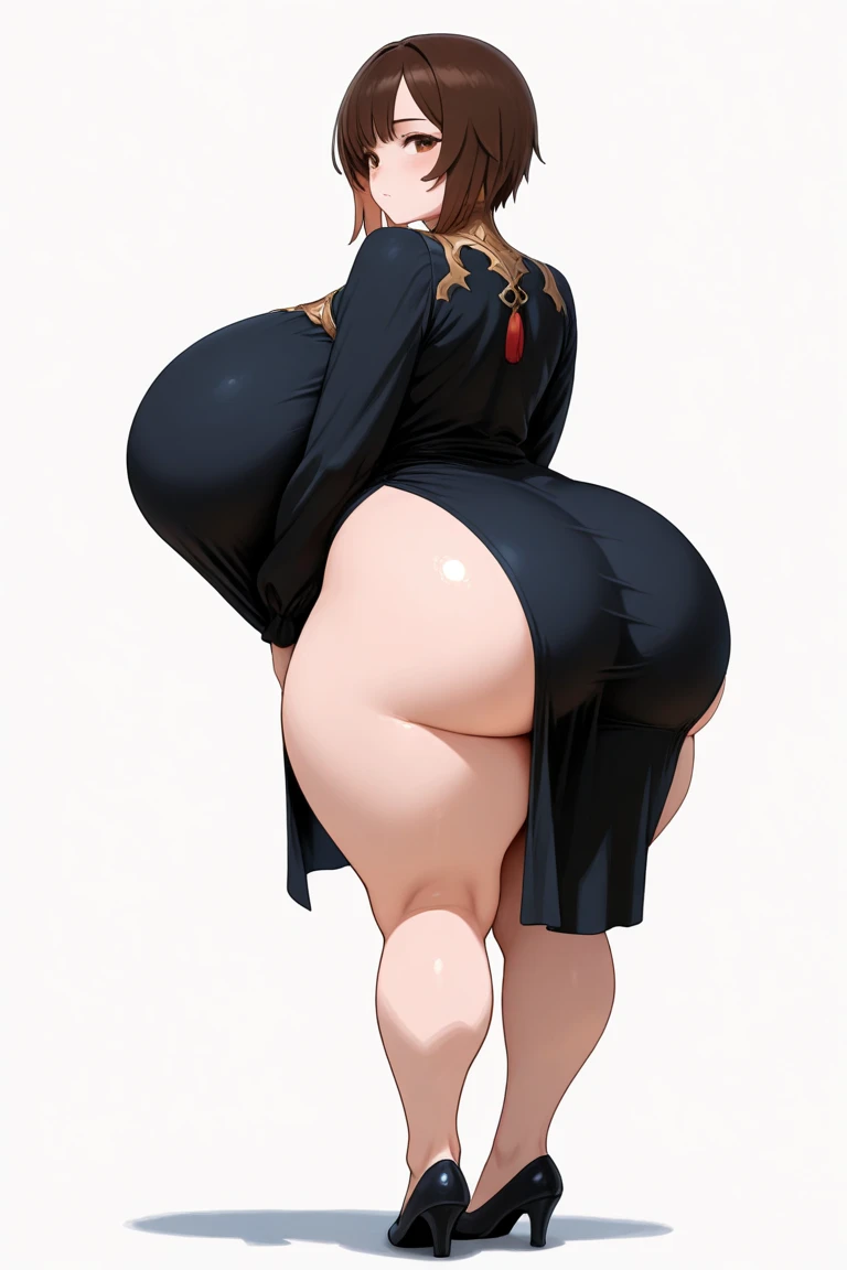 masterpiece, highest quality, High resolution, 1girl, solo, sexual intercourse, Pornographic images, short hair, etsukoto, brown Eyes, fine grain, fine grain, (((Thick thighs, Plump thighs, Voluptuous thighs, Thighs alone are enough))), ((Huge and ample breasts, Cleavage, big long breasts)), Naughty big,((big breasts are important))、((Naughty thighs)), L Cup, (thin:1.4),(Tight waist:1.4), (yellow dress:1.4), (white waist apron), (white panty), (((Simple Background))), smile, open mouth, ((Wide Hips)), (((Shiny, Oily skin))), Mature mother, Calf, Seductive mature woman, milf, Perfect body, Plus Size Model, curvy, ample, etsukoto, blush, clavicle, retro artstyle, 1990s (style), (thick thighs:1.4), from behind, back view, ((bare legs)), full body, feet, showing ass, ass focus,