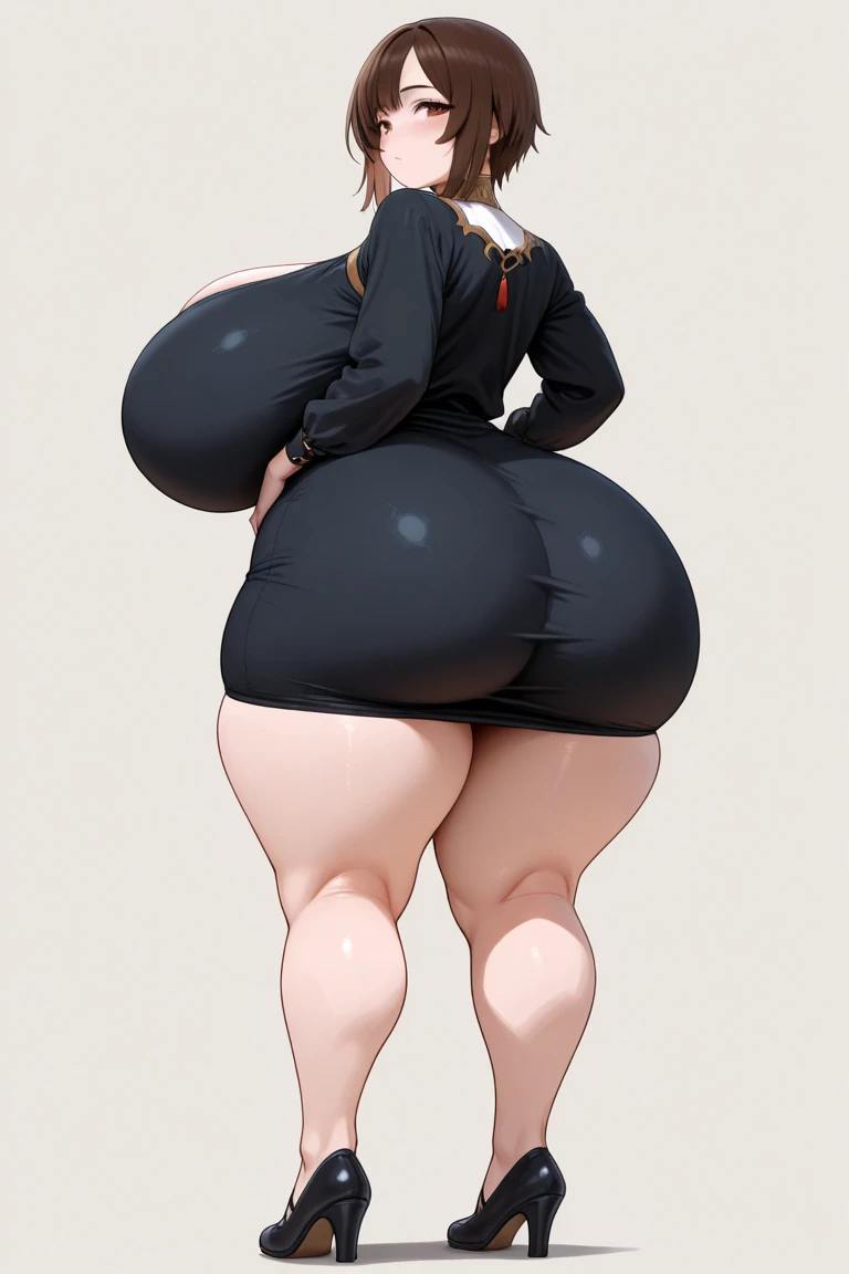 work of art, better_quality, 1 girl, standing alone, yorha no. 2 Tipo B, black blindfolded, blindfolded, ((leaning forward)), Broad Hips, thick-thighs, huge ass, Huge huge natural breasts, neckleace, mature mother, hand on hip, smiling, ssbbw, obese mom