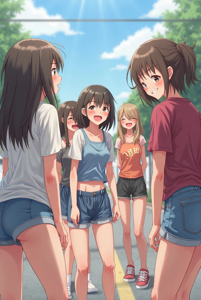 Masterpiece, beautiful slender girl, multiple girls, unzipped shorts, panties, bottomless, skirt, dress, pussy peek, pussy, no panties, sweat, sweatdrop, t-shirt, midriff, pussy juice, blushing, bare legs, slim, full body, sneakers, playful,having fun, wet legs, pee on legs, pee on shoes, pee on feet, thigh strap, small breasts, peeing, pee, pee puddle, peeing, female crowd, skirt lift, squeezing thighs, touching thighs, licking thighs