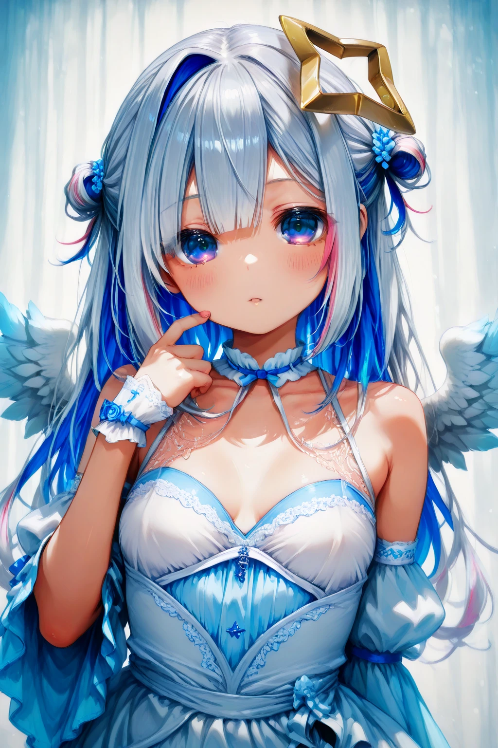 (Little:1.2)、(masterpiece:1.4)、(Highest quality:1.4)、(Very cute angel girl、Ultra detailed face、Jewel-like eyes、Blue very long twin tails:1.4)、(Angel Ring:
1.4)、(Angel Wings:1.4)、Optics、shine、Bokeh、Ultra-fine、(((Blue Hair)))、Golden decoration