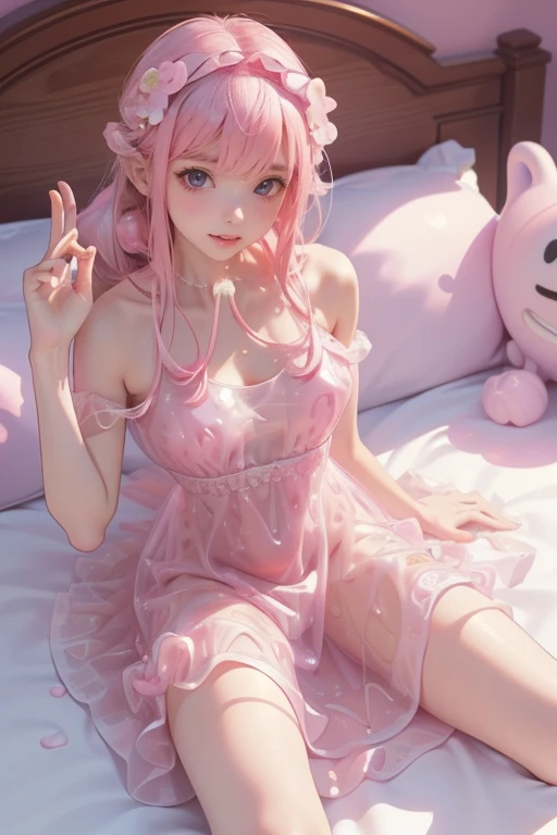 Transparent lace pajamas,Japanese cute woman、barbie dream bed,Lying in bed、(Fluorescent Color:1.4)、(translucent:1.4)、(Retro filter:1.4)、(fantasy:1.4)、Candy world Disney fantasy fluffy soft scenery forest snow avatar pink sky green blue glow dreamy lights soft soft glow rainbow stars diamond glitter gem background surreal ultra hd movie lighting huge details full hd full light、