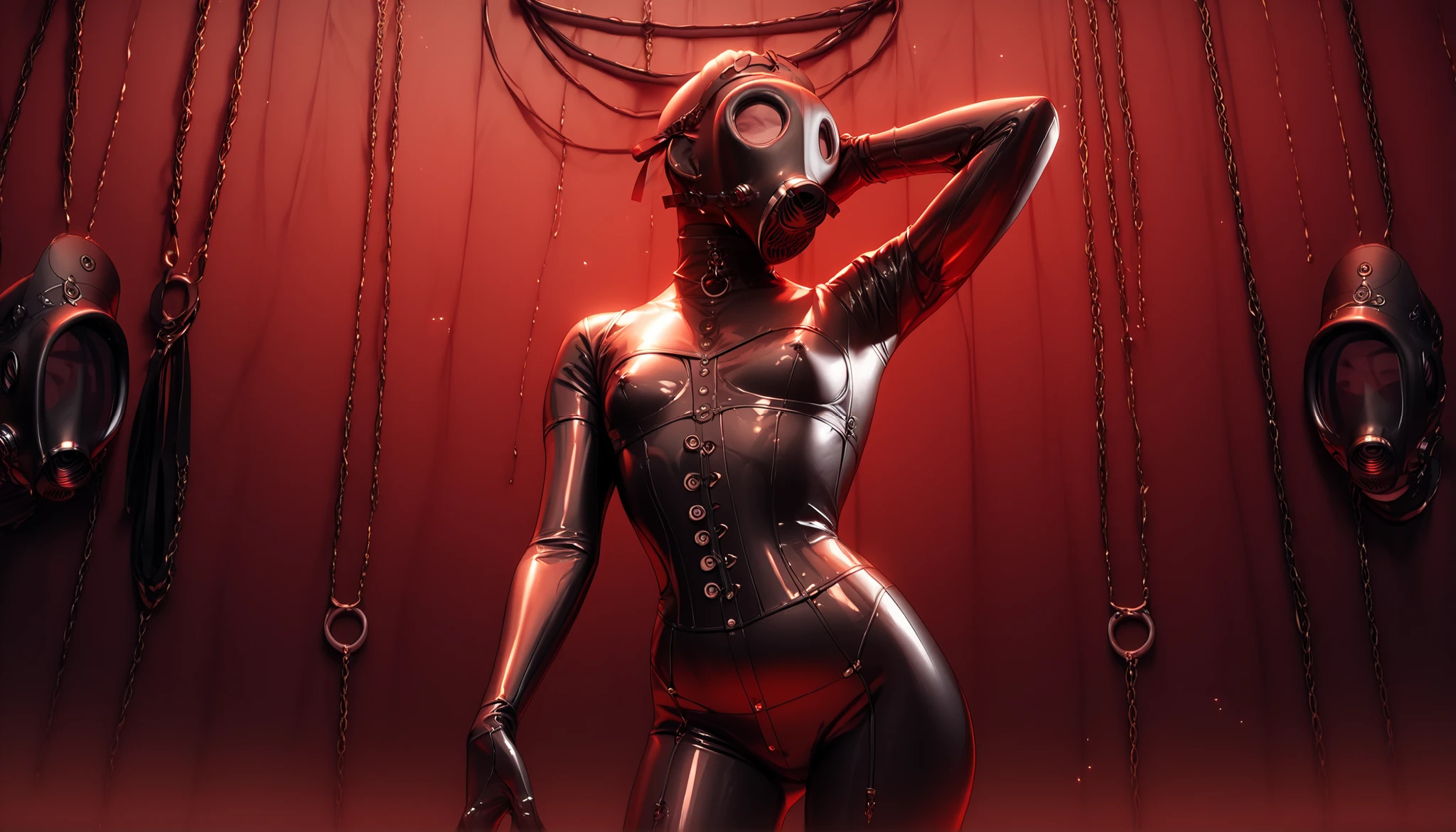 Latex  maid. The gas mask, is a very thin with small . Black latex suit, black corset, latex gloves. A  pose. He stands tall. Dark atmosphere. Red dungeon the background.