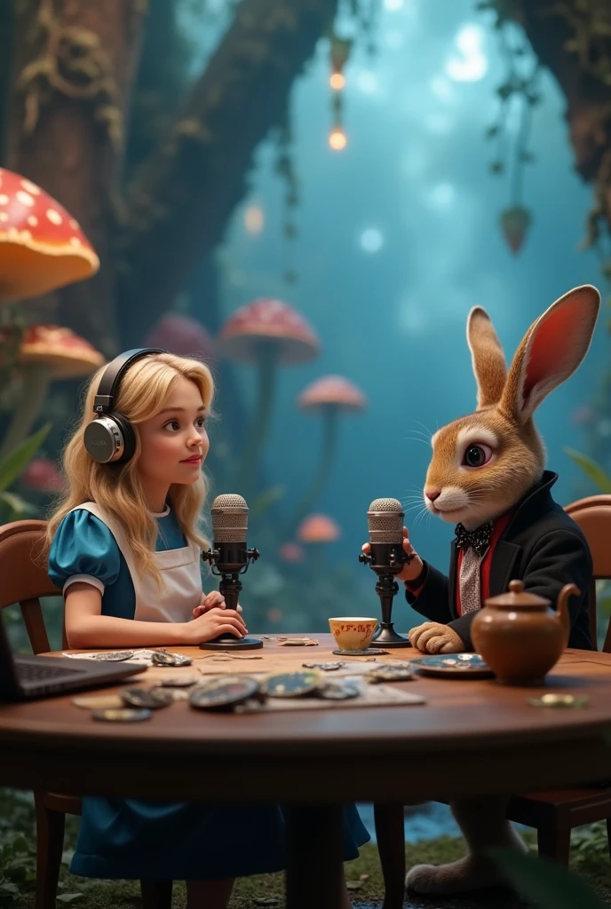 At 8K resolution、A fantastic world view that wandered into Alice in Wonderland、A little retro、Rat-Man and Alice、Sitting at a table facing each other、The rat is typing a conversation with Alice on the computer