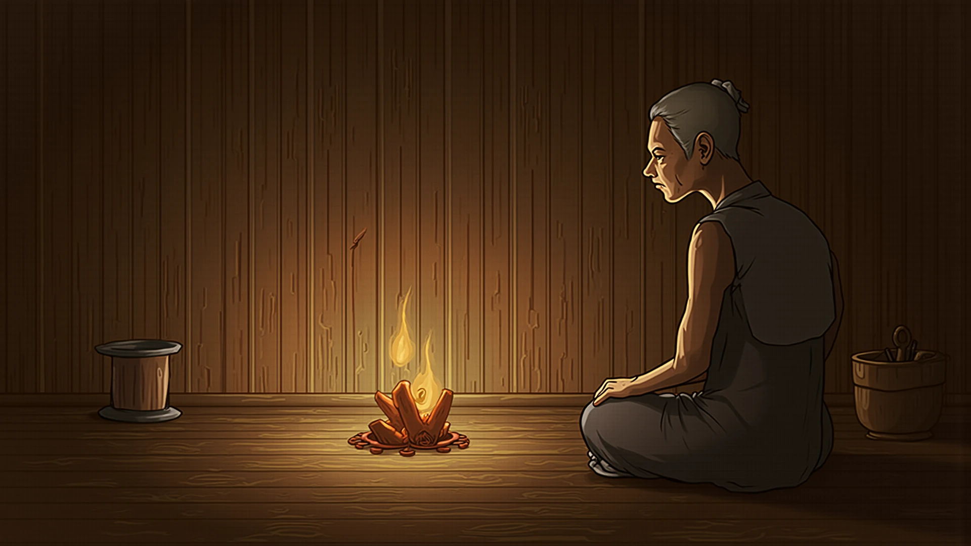 Monge meditando com fogo nos olhos