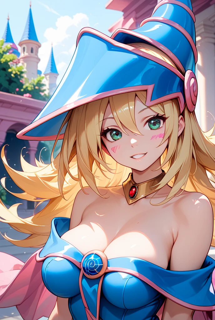 master piece,best quality,ultra detailed,8k,
ambient light,realistic skin,glossy skin,break、
(dark magician girl, duel monster, blush stickers, blonde hair, green eyes, long hair, breasts, blush, bangs, large breasts, hair between eyes, pentacle, pentagram, hat, dress, cleavage, bare shoulders, collarbone, choker, blue headwear, wizard hat, bracer, detached sleeves;)、break、
A realistic depiction of a person trapped inside a glass bottle, 、(lie face down:1.3)、(the body is very wet:1.5)、yukata、Glossy lips、Slightly emphasize the lower lip、A refreshing smile、emphasizing the cleavage、