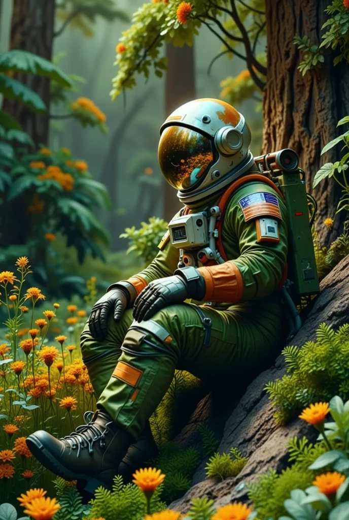 The image depicts an astronaut in a green and orange spacesuit sitting ...