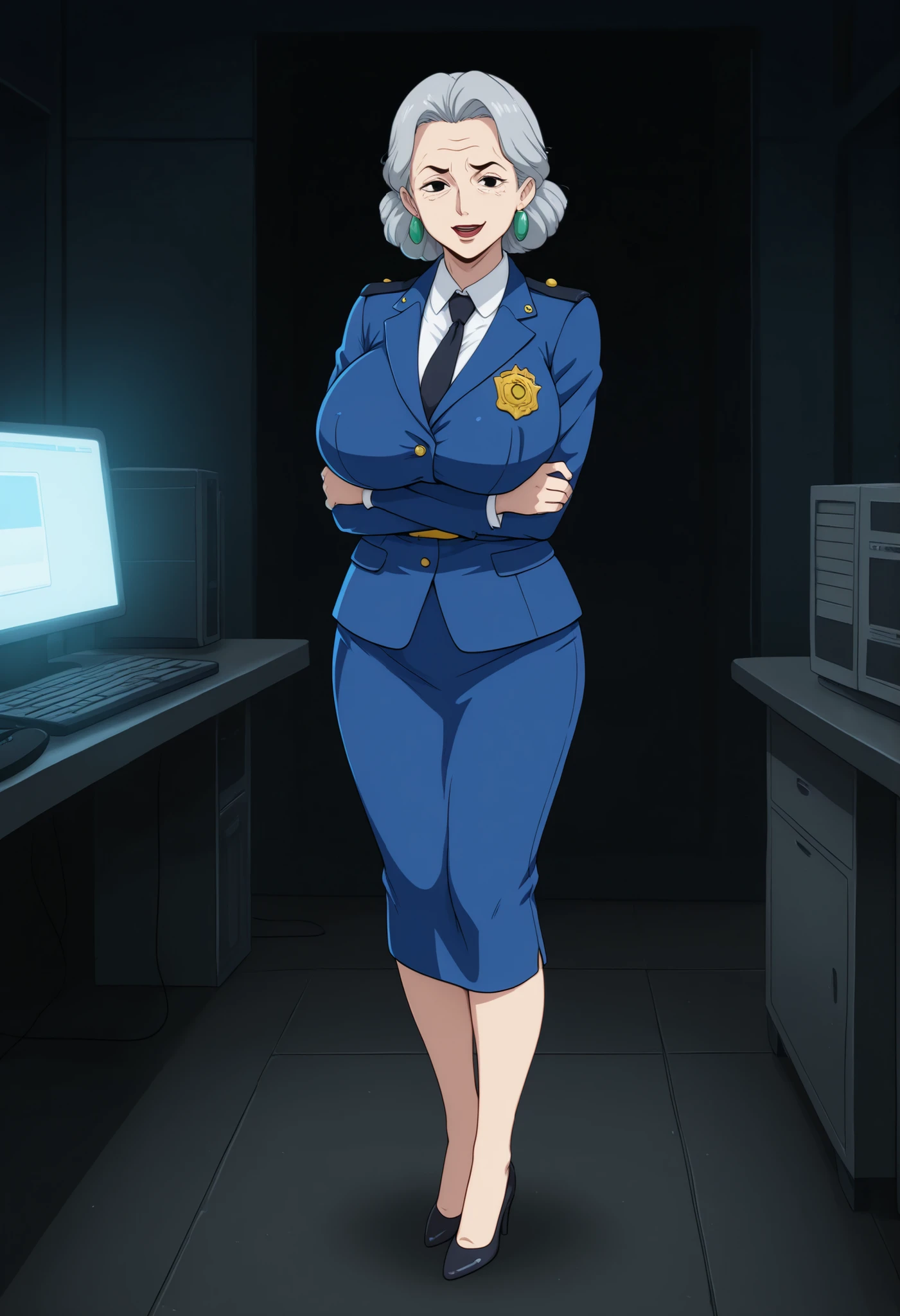 Grandma. gray hair, black eyes, short hair, dark red lips, wrinkles, earrings, makeup, huge saggy , cowboy shot, frown ,looking at viewer, masterpiece, best quality, amazing quality, old woman and young guy.| old,oldest,1girl,peacestreamer, solo,  jacket,uniform,formal,necktie,pencil skirt,high heels,happy,:d,full body,crossed arms,indoors,dark room,computers,straight on,policewoman uniform,retrowave,cyberpunk style