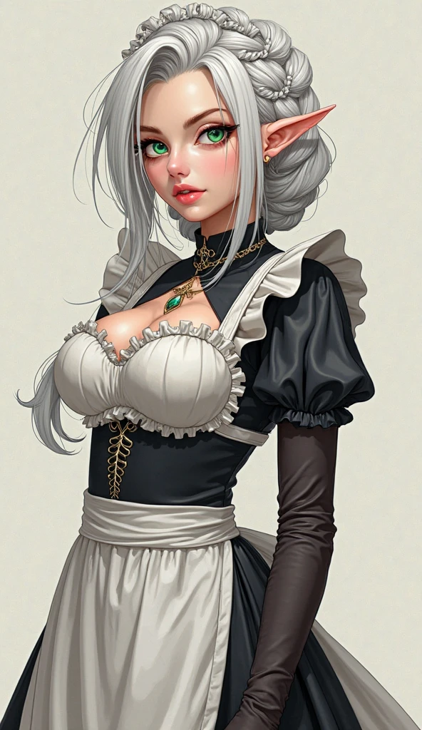 hair: white, long and thick, usually gathered in a high ponytail or braid.
fur: tanned, showing visible battle scars.
eyes: Intense, blue or green color.
face: angular, with a firm jaw and high cheekbones.
Complexion: Tall and muscular, with an athletic figure in the form of "in".
inestimenta: She wears a classic maid outfit, with a tight black dress, White apron, and lace details. The suit highlights her athletic figure.
gloves: Reinforced for combat, but with a design that matches the maid outfit.