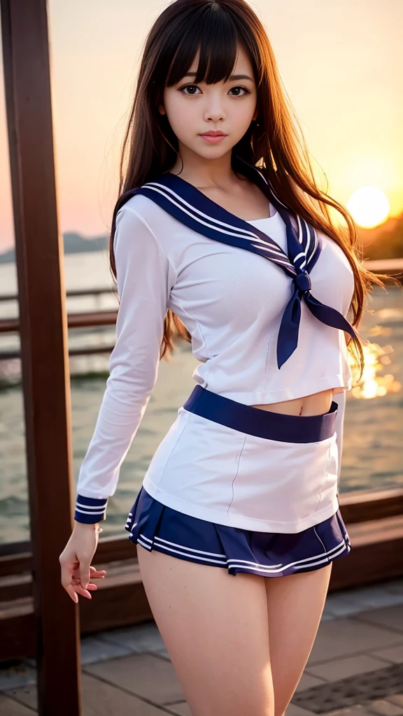 1 female,(((sailor suit))),((skirt)),shy、blush,(red cheek),((looks happy:1.3))、:p,thighhighs,((loafers)),back shot,curvy thighs,Breathless face、sweating、Excited facial expression、Long Hair、Realistic,High resolution,Soft Light,Large Breasts, blue eyes,