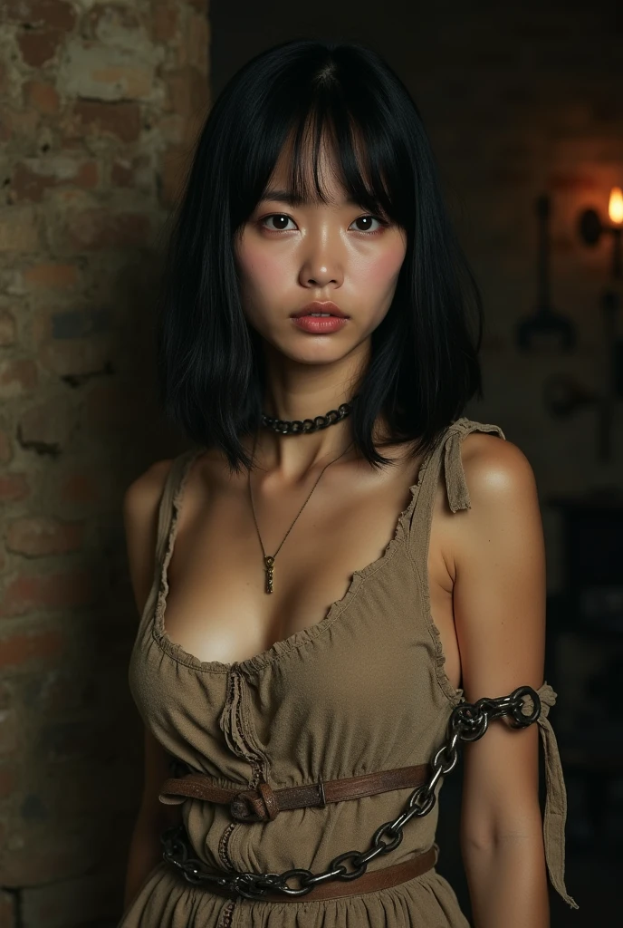 a muscular woman with short hair that is wearing a bondage collar