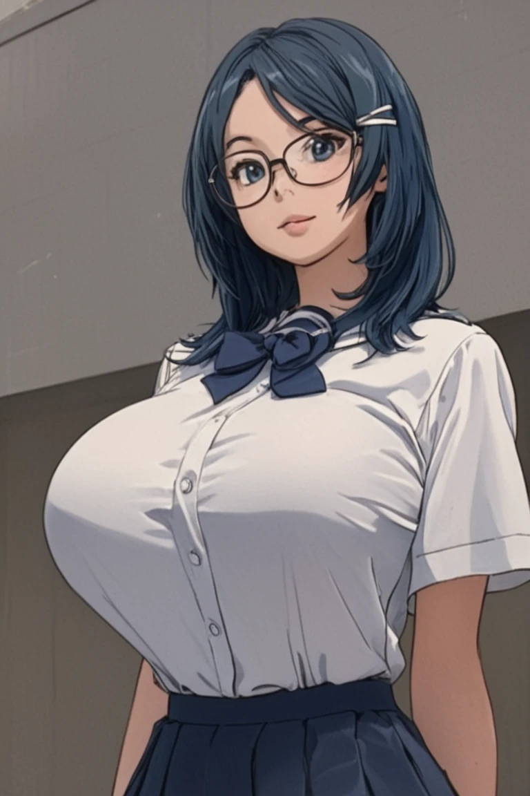 ((1girl)),((solo)),(large breasts:1.5),cleavage,glasses,blue shirt,mini skirt,(shiny black mini skirt),looking at viewer,((sensitive smile)),collarbone,office lady,officeroom,((best quality)),((masterpiece)),(beautiful detailed eyes:1.5),8k UHD,extremely detailed face,perfect image,arms behind back,perfect anatomy,sexy mature women,30-yearls old,slim waist,(black hair),(shiny hair),(upper body:1.3),(look at the front:1.5),mature female,(long hair:1.6),erotic lips,