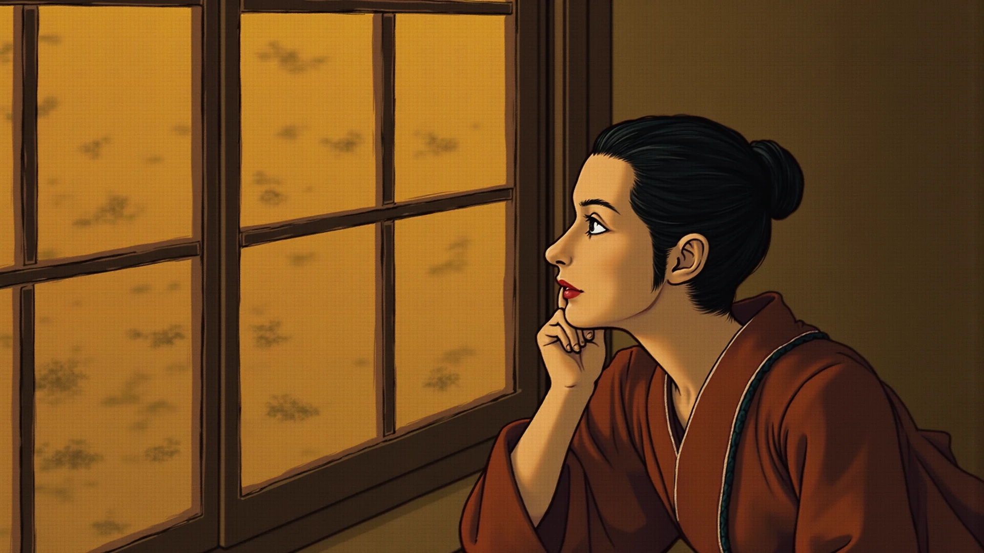 Use same girl ,same dress and same  hair style given below in image. Girl is just wake up. She is in bed and her room's window gives beautiful scenery. The weather outside is breathtaking. Lush green trees surround the area, and in the distance, a river flows gently. Birds are soaring gracefully in the clear blue sky, which has a few scattered clouds. The air is crisp and fresh at 6 AM, painting a serene picture reminiscent of the idyllic Japanese countryside