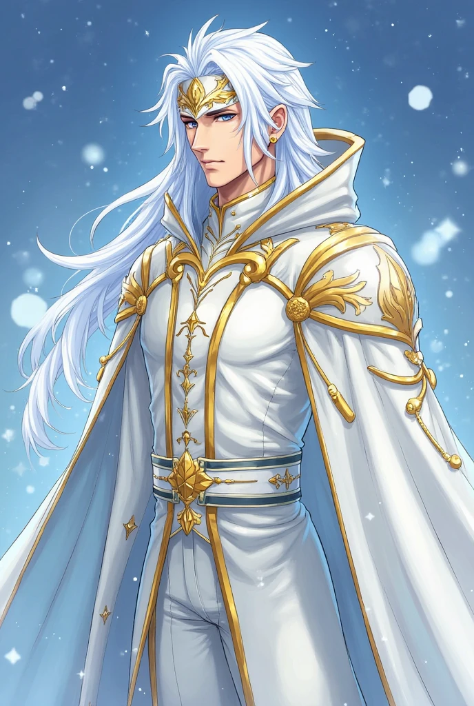 Griffith,Berserk,male,super beautiful teenager,Long hair with white perm,Crystal clear blue eyes,Beautiful white skin,Ultra HD,super high quality,masterpiece,Digital SLR,Photorealistic,Detailed details,Vivid details,Depicted in detail,A detailed face,Detailed details,Super Detail,Realistic skin texture,Anatomical basis,Perfect Anatomy,Anatomically correct hand,Anatomically correct fingers,Complex 3D rendering,Fearless look,Beautiful snowy scenery,