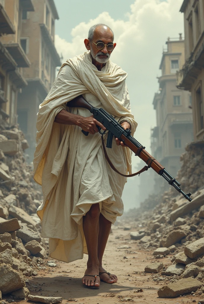 Mahatma Gandhi with machine gun in war in year 1947