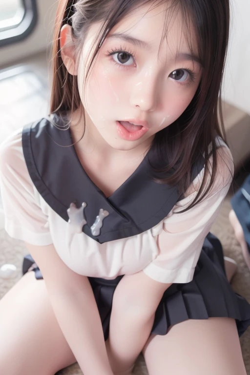 score_9,score_8_up,score_7_up,realistic lighting,photorealistic,realistic eyes,1 japanese girl, medium hair,large breasts, sailor suit,dark blue collar,white shirts,long sleeve,(open mouth:2),((bukkake,cum in mouth,cum in hair,cum facial)),from above,looking at viewer,light smile,Restroom