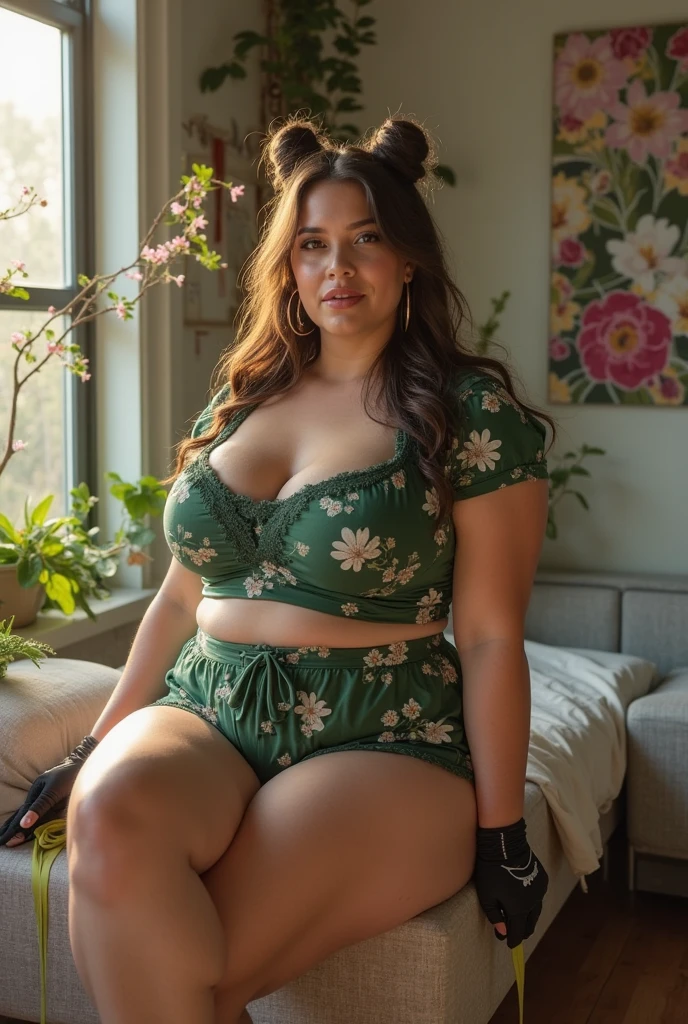 photorealism, sexy voluptuous fat woman, big breasts sitting on the bed on her thighs, with a very transparent sexy green truck loose neckline to shoulders,  black lace thong, long curly hair, indoor, Soft lighting, Plants in the background, window with sunlight, cozy room, relaxed pose, Realistic and intricate details, warm colors. at your side, an open laptop, a plate of fresh fruit and a slice of pizza. 