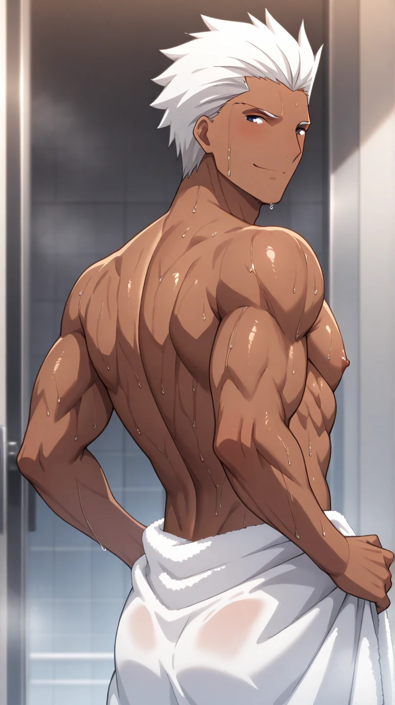 Muscular young man in transparent string thong, large lump, big chest, big butt, muscular abdomen,in the shower